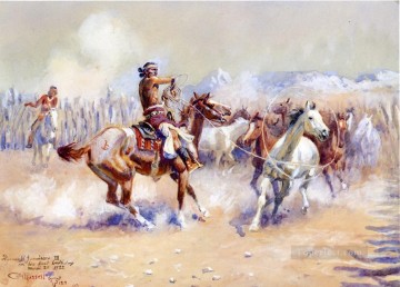 Amérindien œuvres - chasseurs de chevaux sauvages navajo 1911 Charles Marion Russell Indiens d’Amérique
